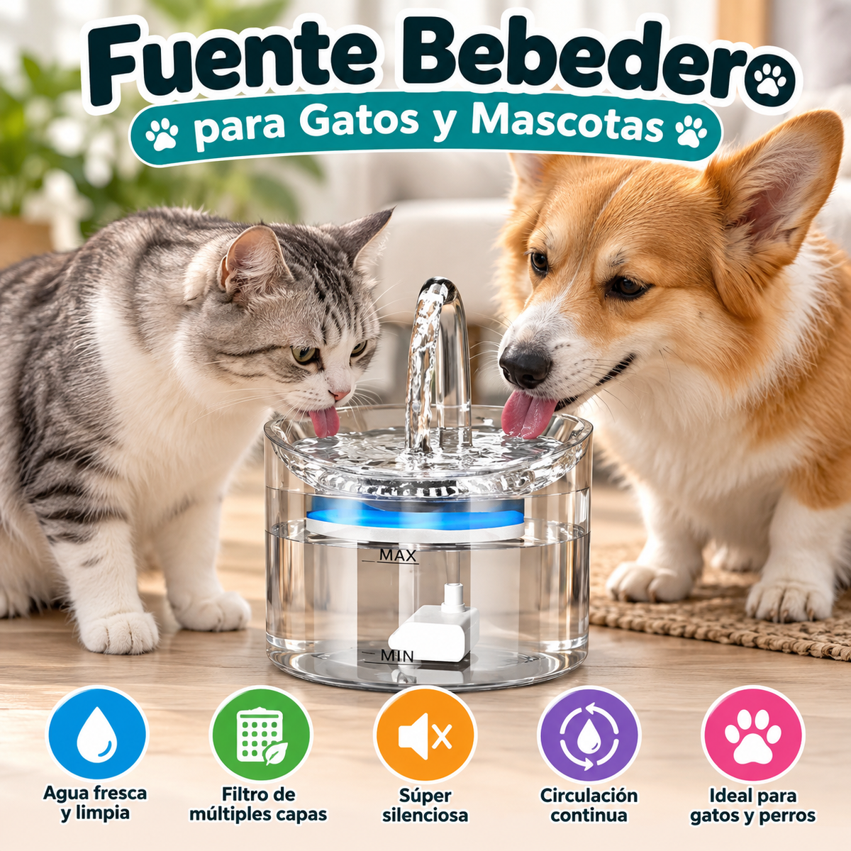 Fuente Bebedero para Gatos y Mascotas