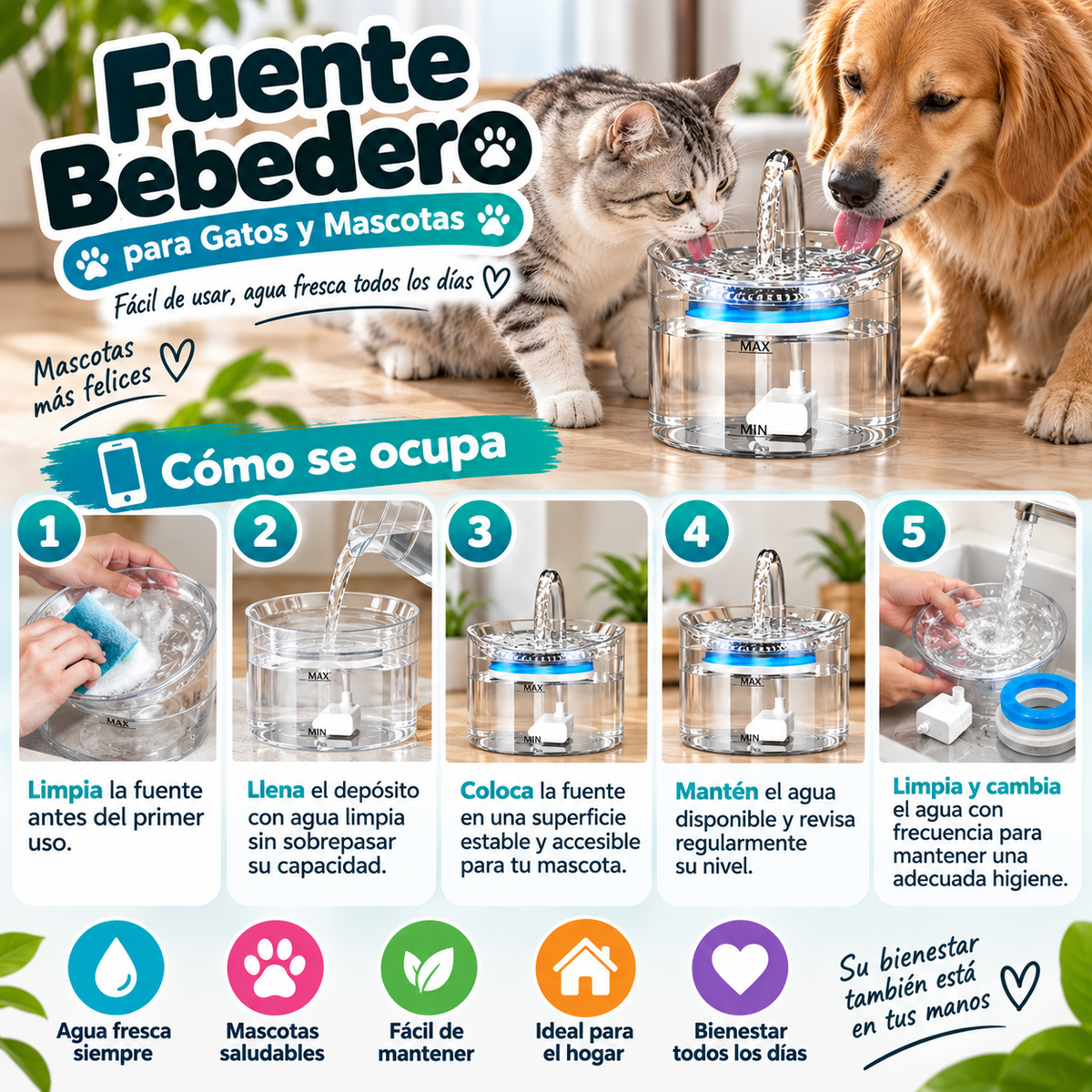 Fuente Bebedero para Gatos y Mascotas