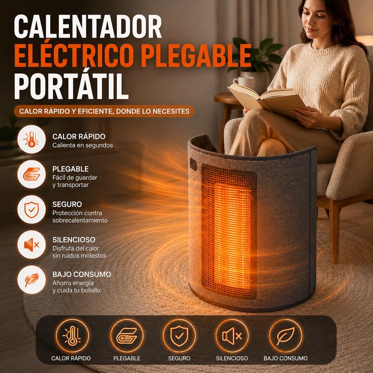 Calefactor Portátil Plegable de Bajo Consumo