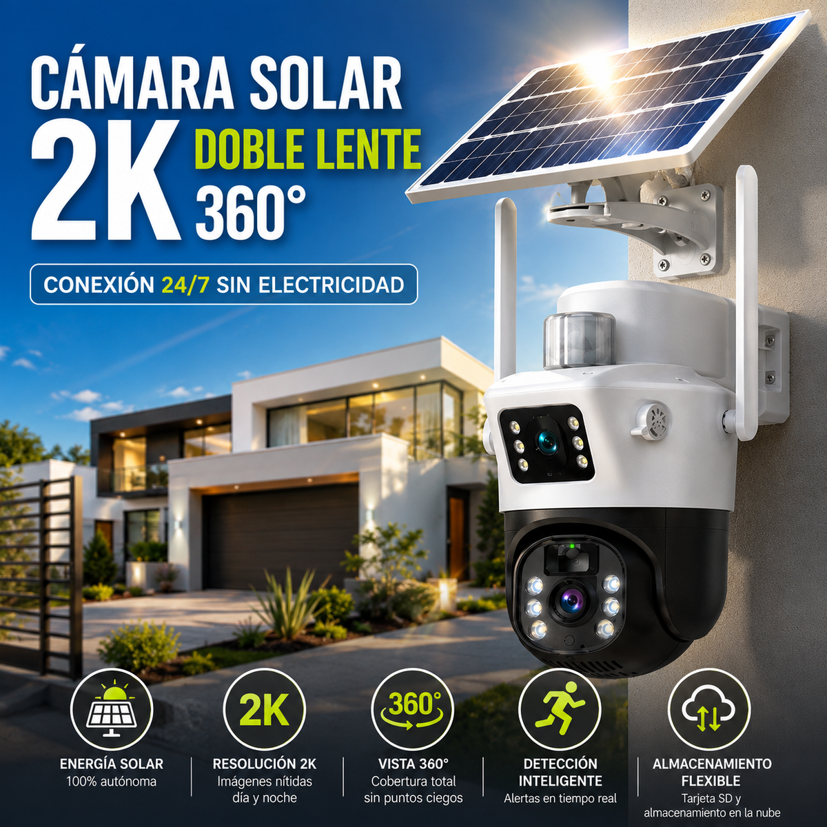 Cámara Solar 2K Doble lente 360-Conexión 24/7 sin electricidad