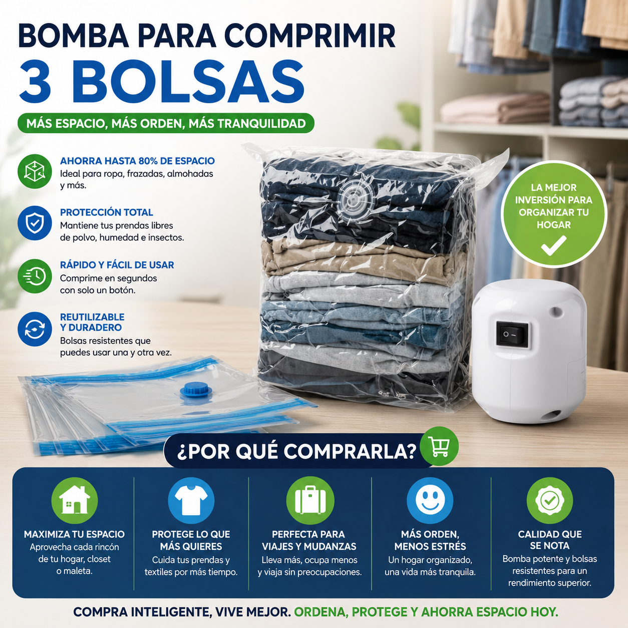 Bomba Para Comprimir 3 Bolsas al Vacío