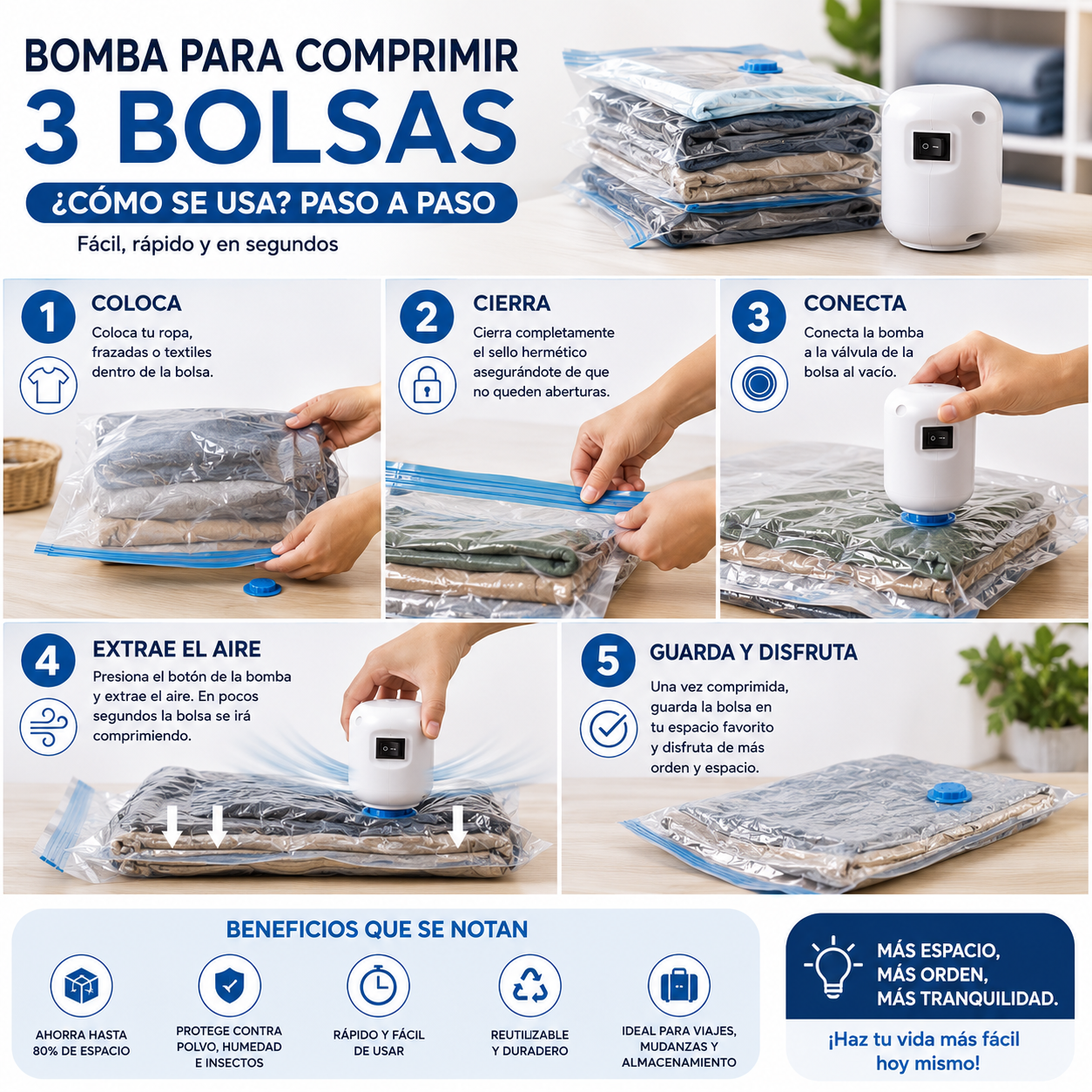 Bomba Para Comprimir 3 Bolsas al Vacío
