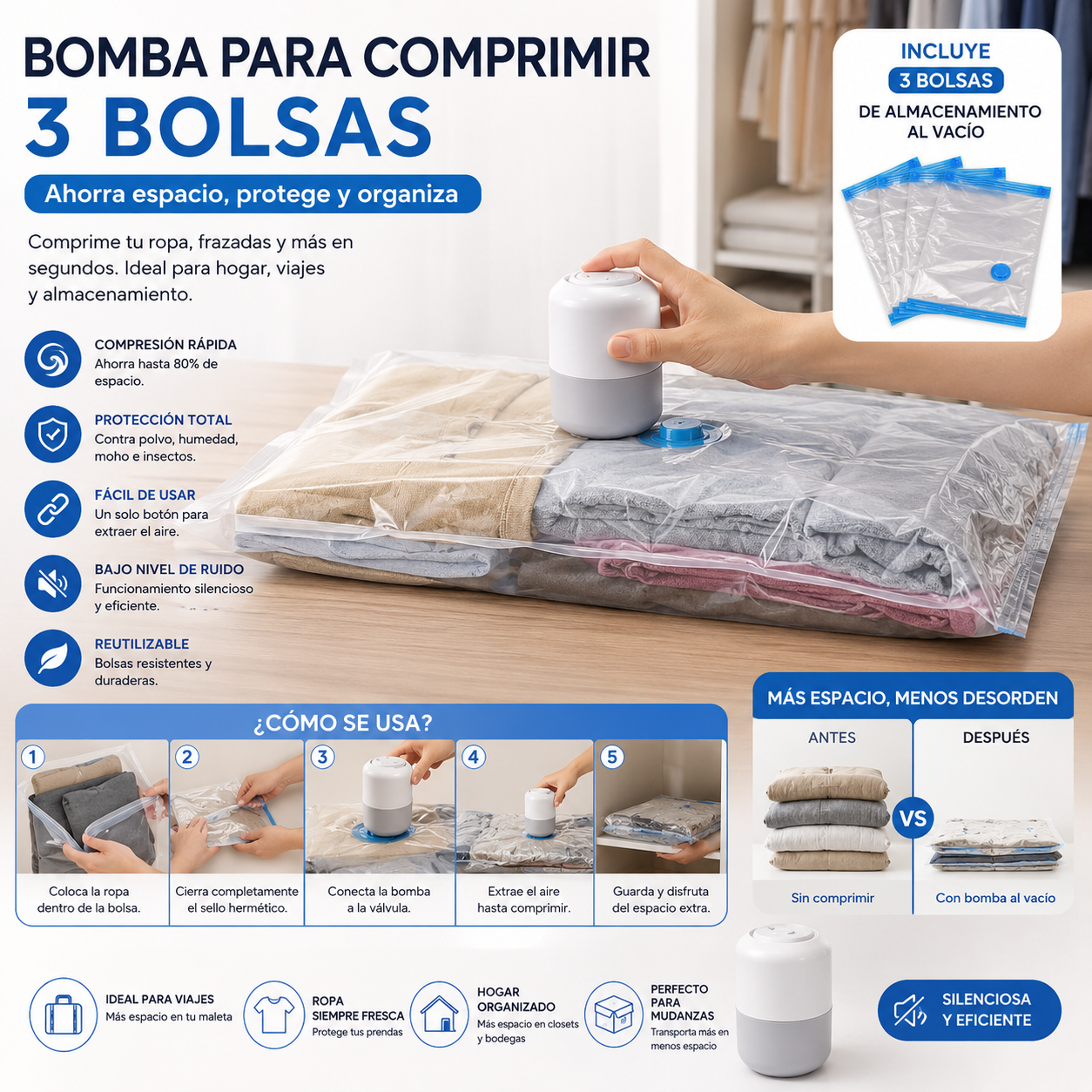 Bomba Para Comprimir 3 Bolsas al Vacío