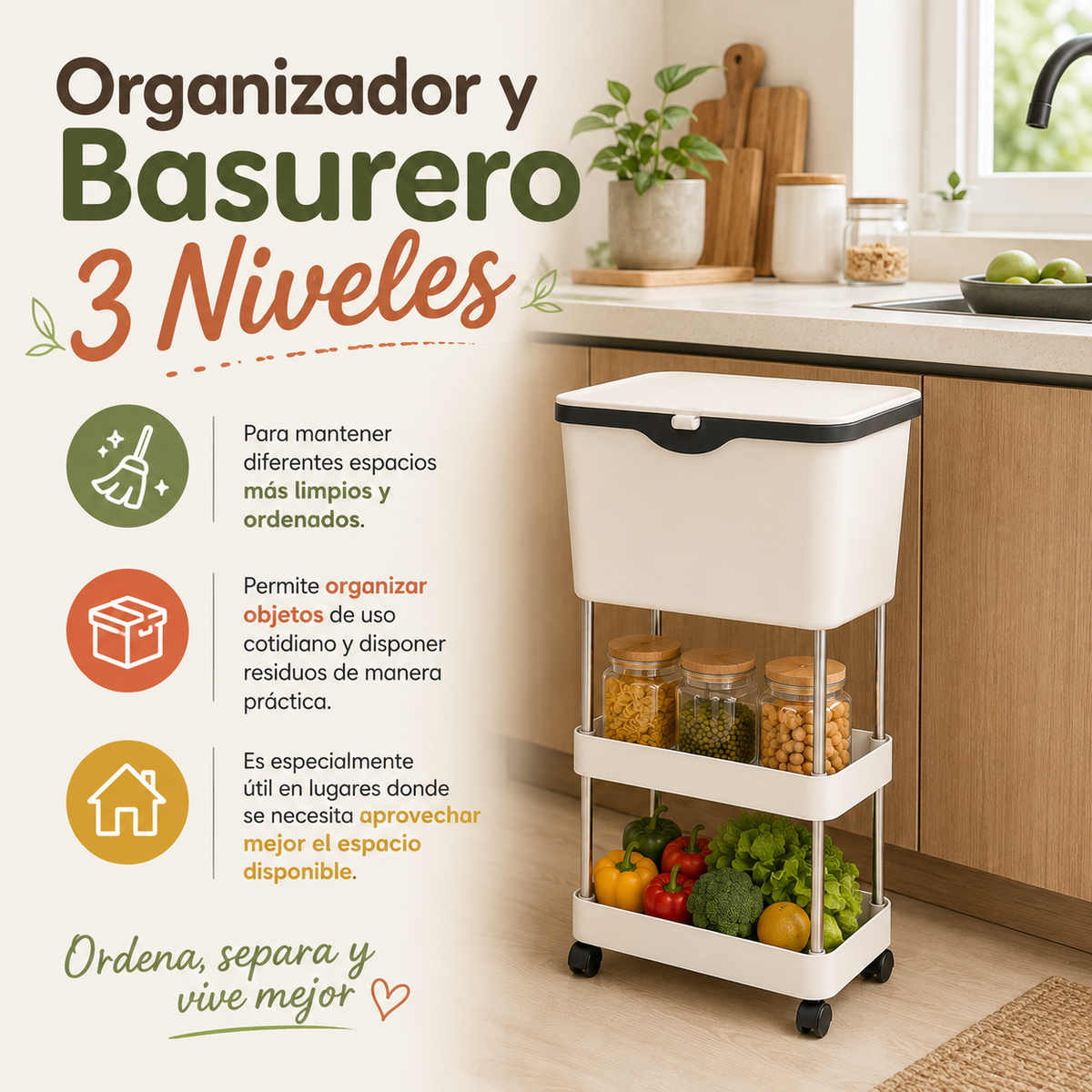 Organizador y Basurero de 3 Niveles