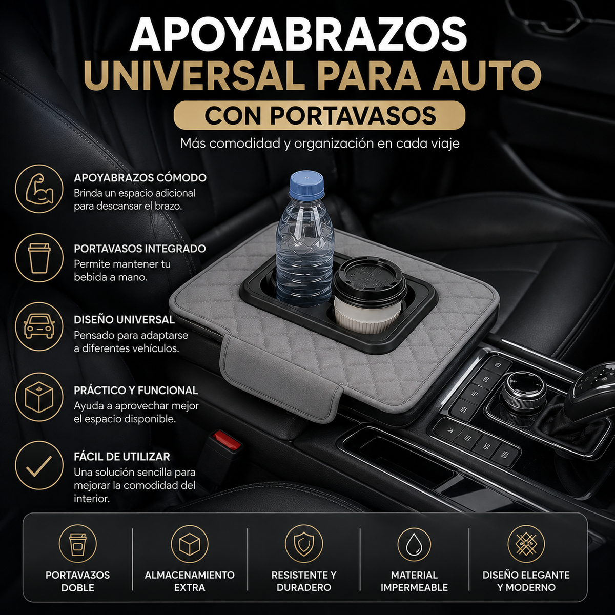 Apoyabrazos Universal para Auto con Portavasos