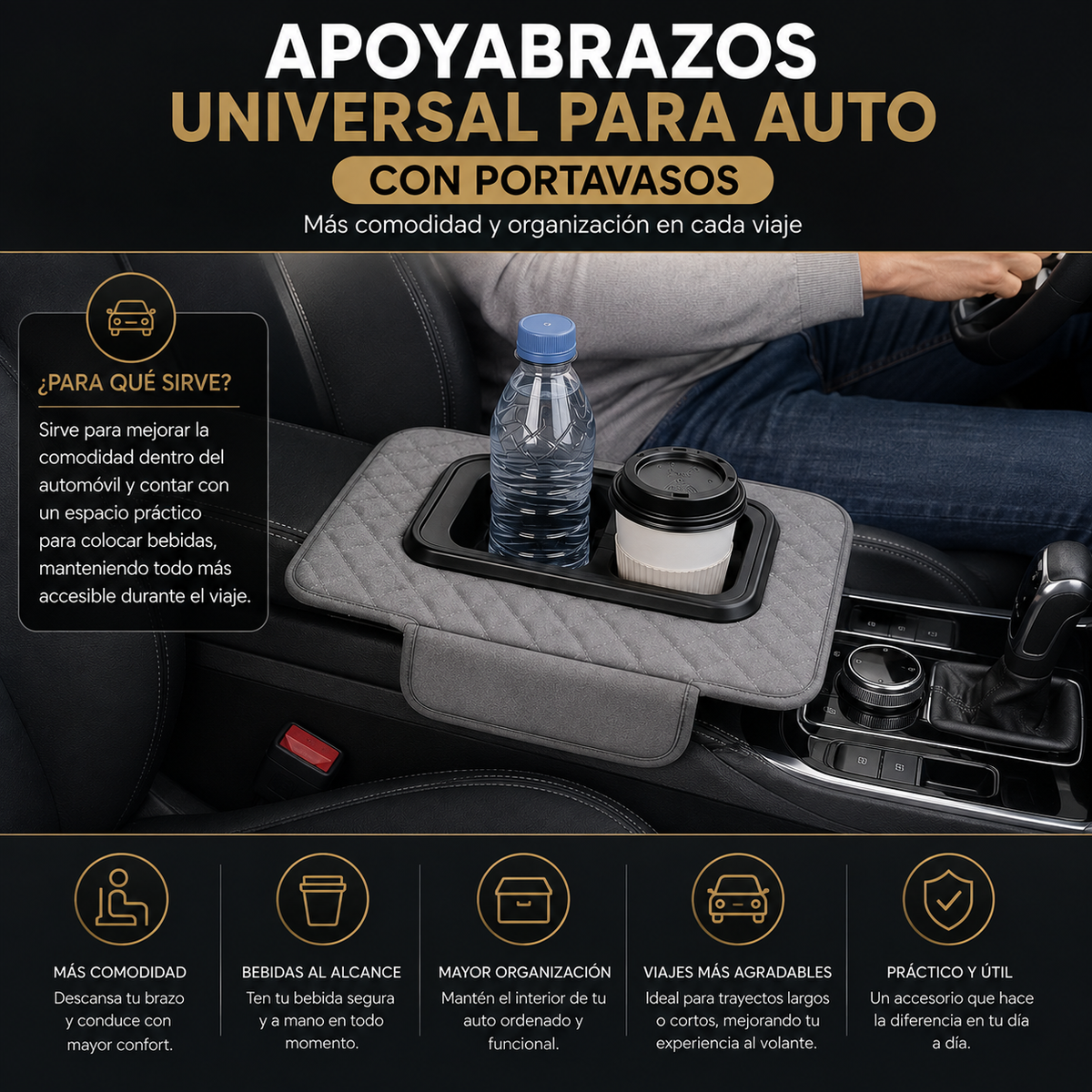Apoyabrazos Universal para Auto con Portavasos