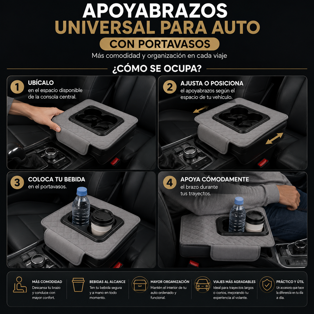 Apoyabrazos Universal para Auto con Portavasos