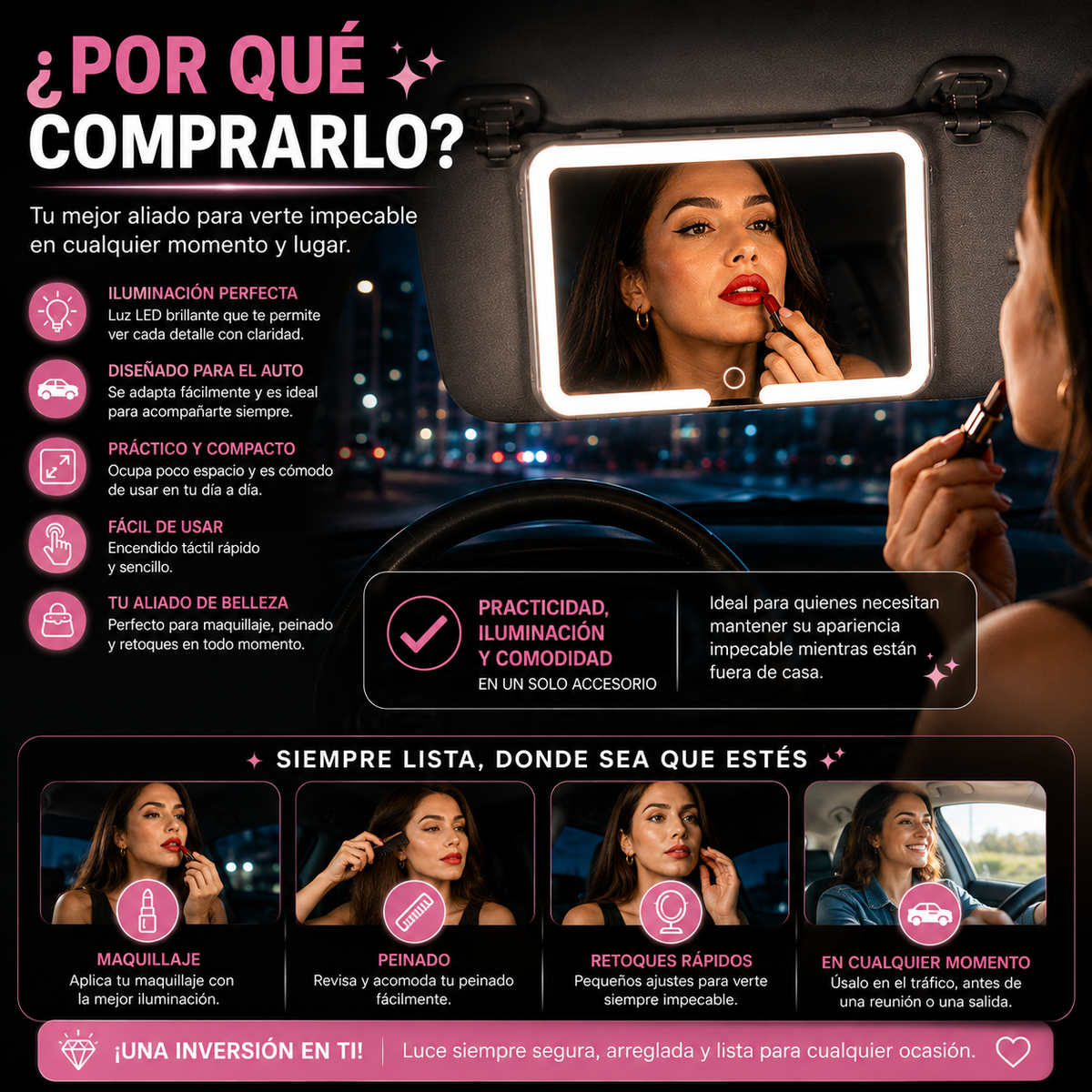 Espejo de Maquillaje LED Auto