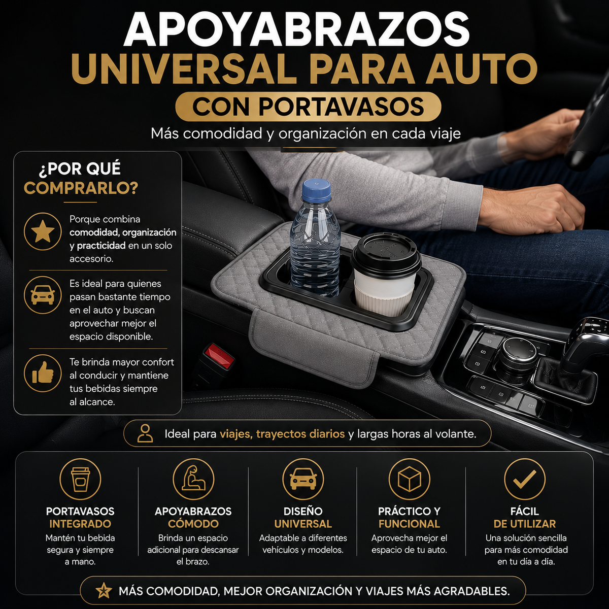 Apoyabrazos Universal para Auto con Portavasos