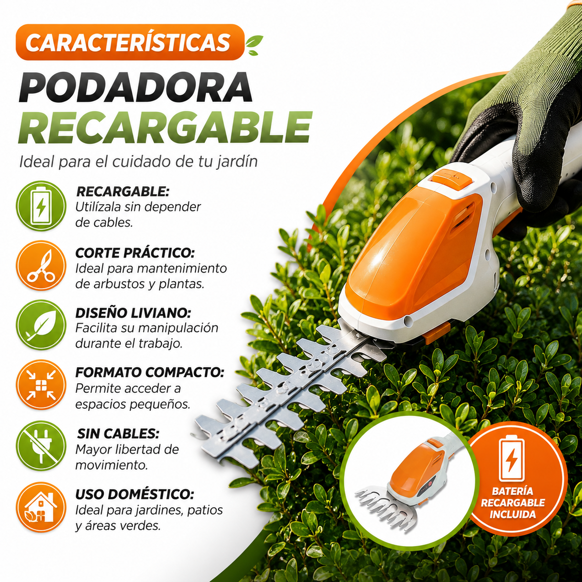 🌿 Podadora Recargable para Arbustos