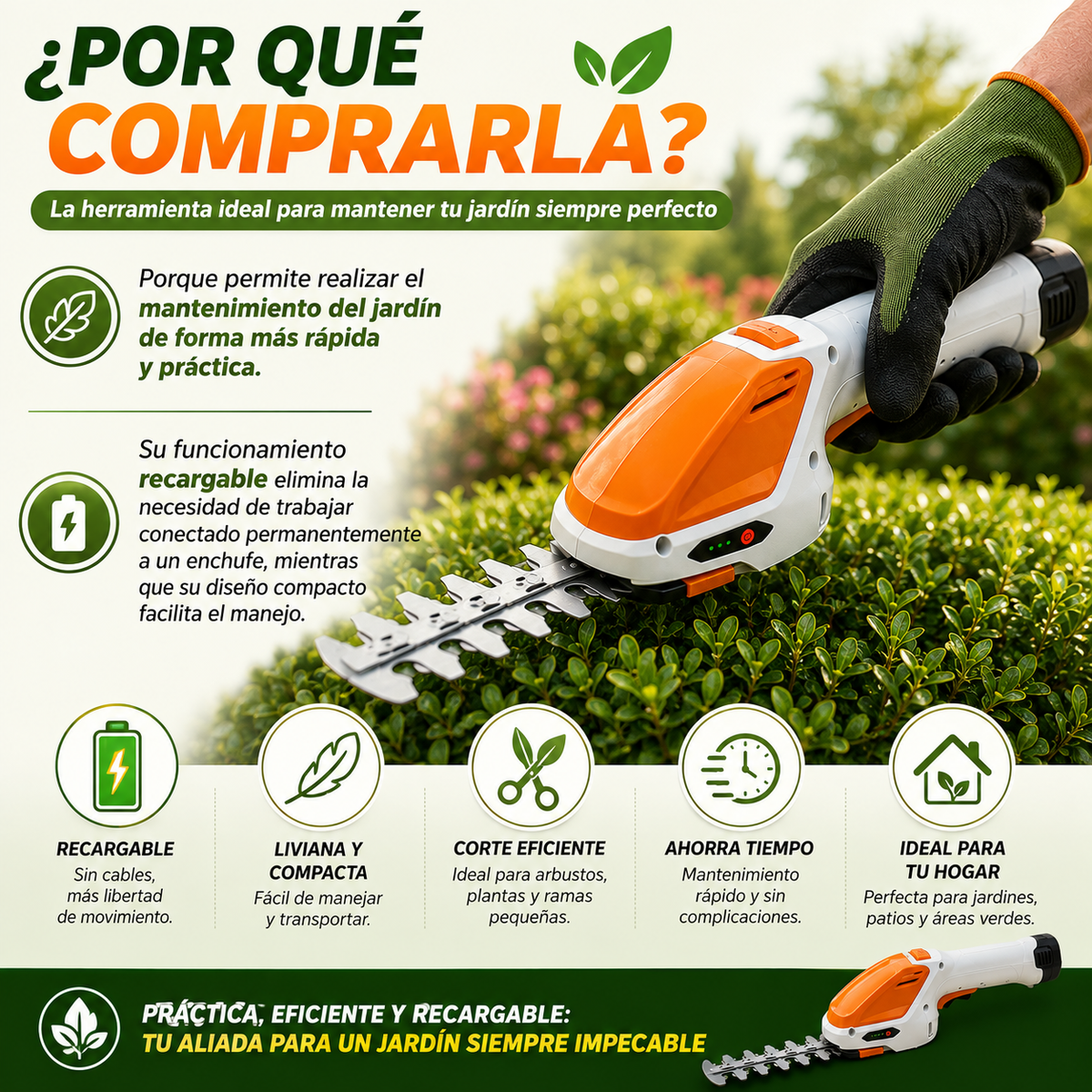 🌿 Podadora Recargable para Arbustos