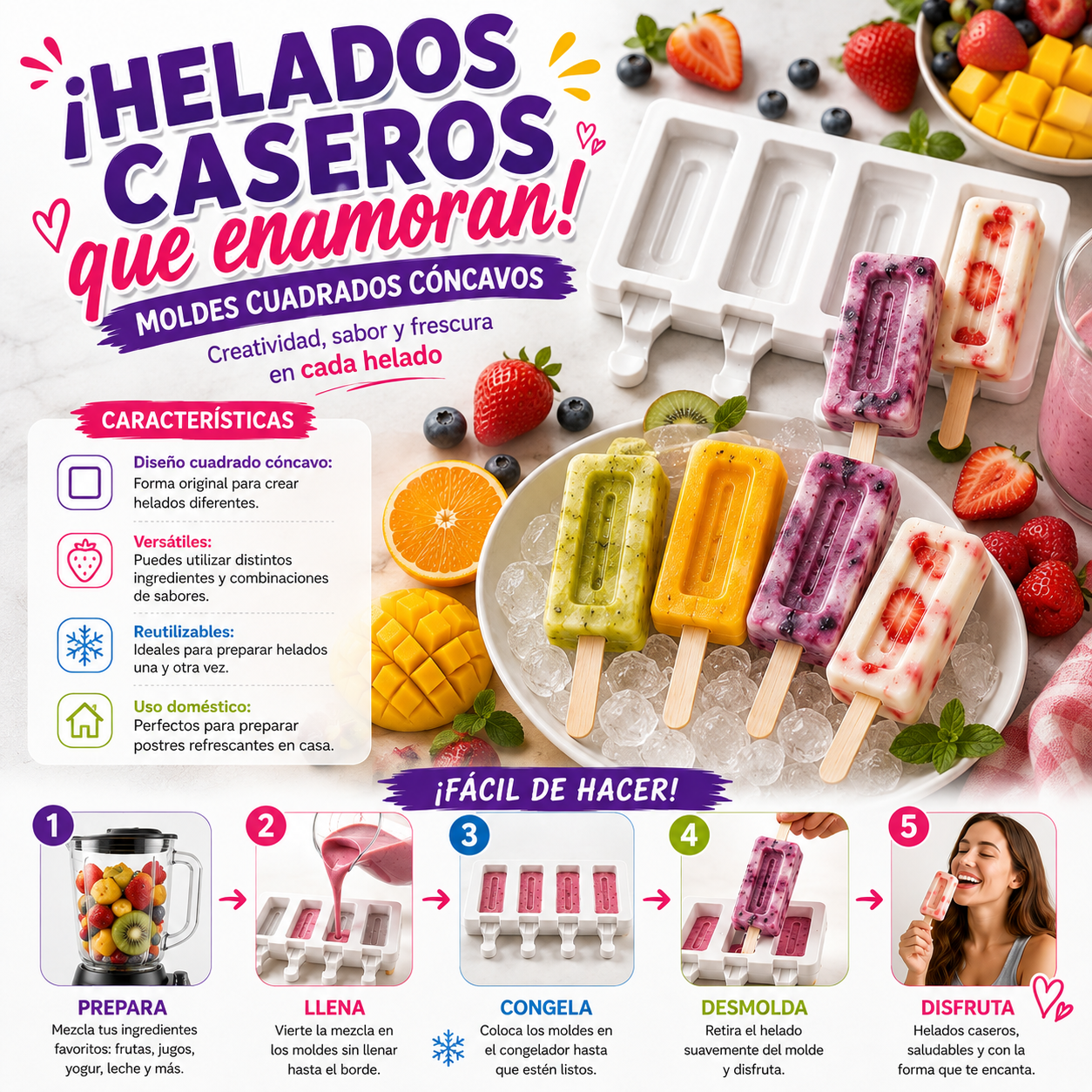 Moldes para Helados Forma Cuadrado Cóncavo