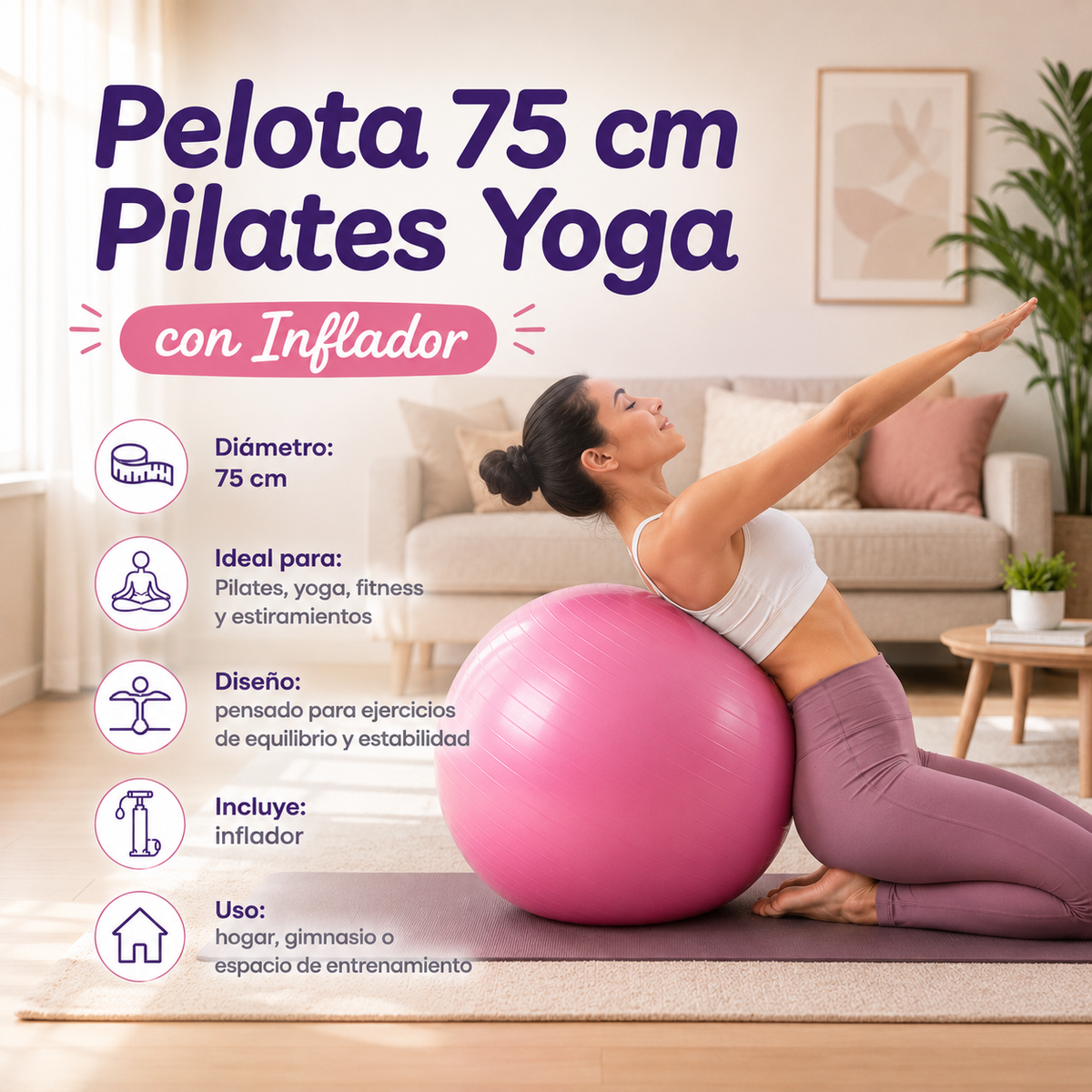 🧘‍♀️ Pelota 75 cm Pilates Yoga con Inflador
