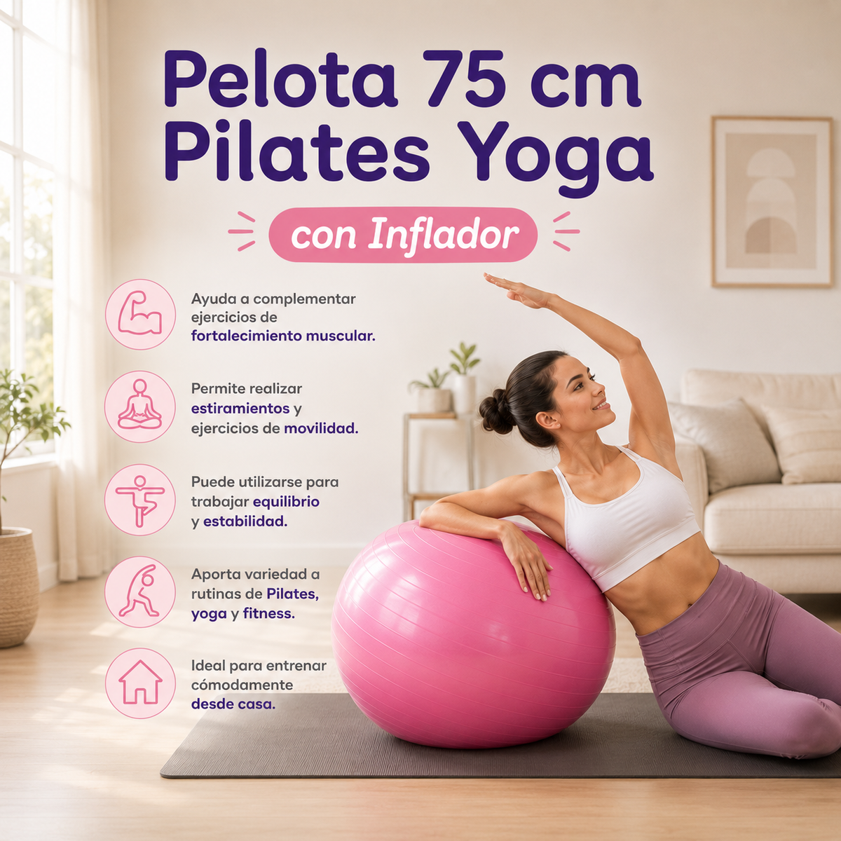🧘‍♀️ Pelota 75 cm Pilates Yoga con Inflador
