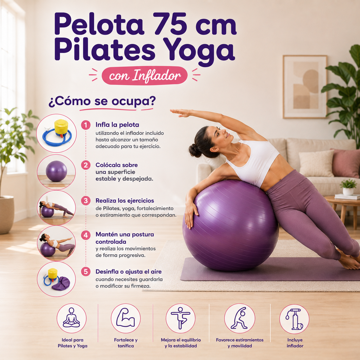 🧘‍♀️ Pelota 75 cm Pilates Yoga con Inflador
