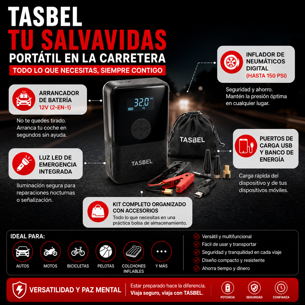 Partidor Arrancador e Inflador Compresor Portátil