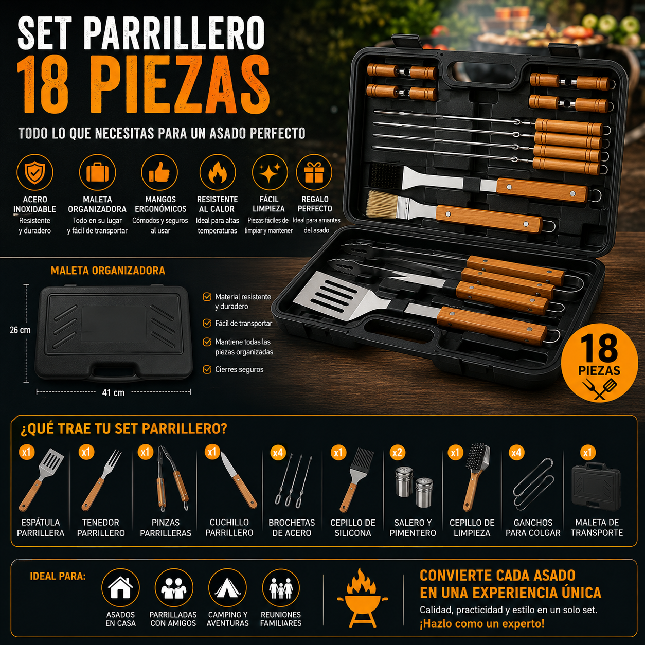 Set Parrillero Asado Maleta 18 Piezas