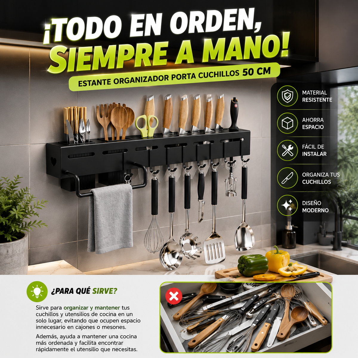 🔪 Estante Organizador Porta Cuchillos 50 cm