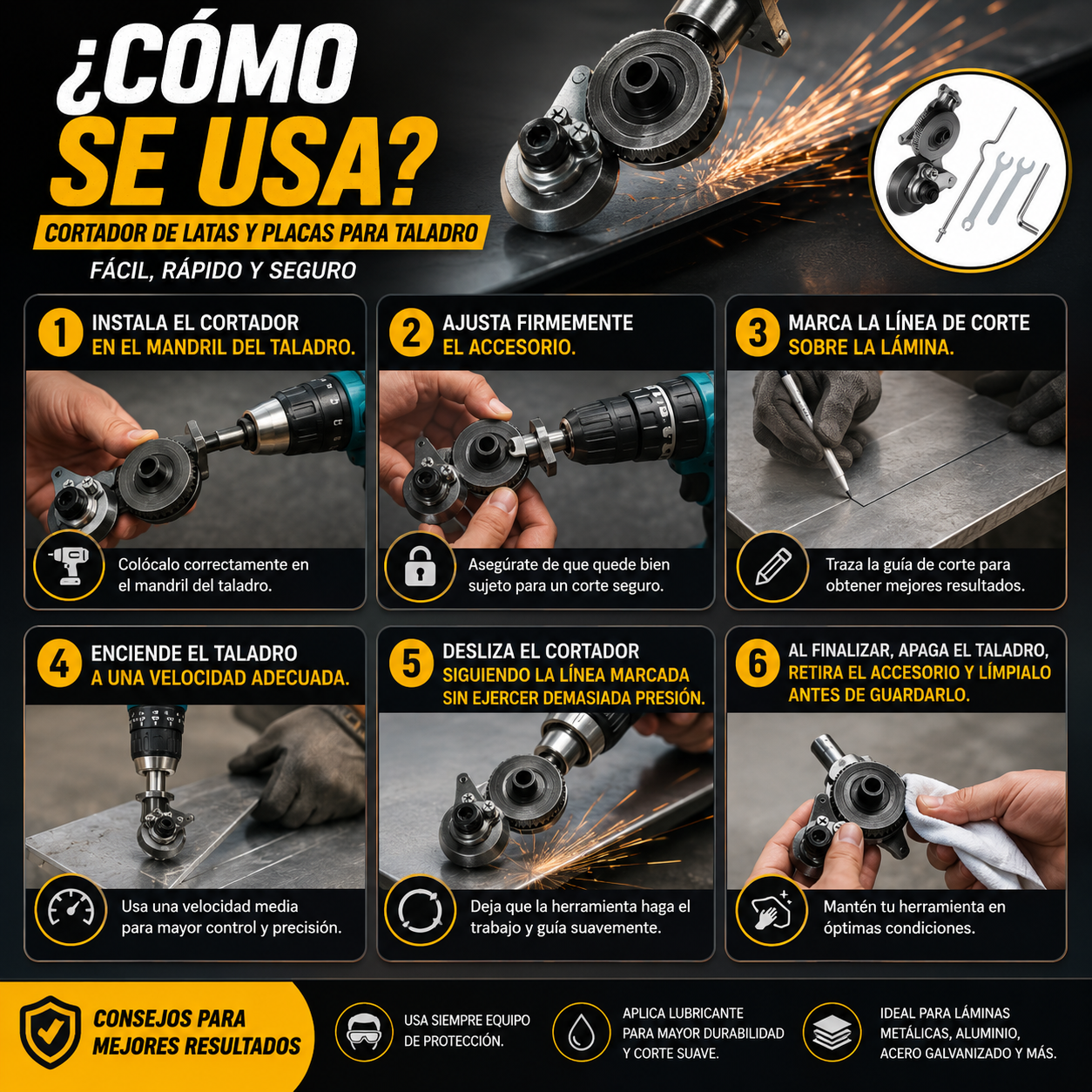 Cortador de Latas y Placas para Taladro