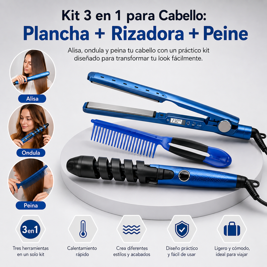 Kit 3 en 1 para Cabello: Plancha + Rizadora + Peine