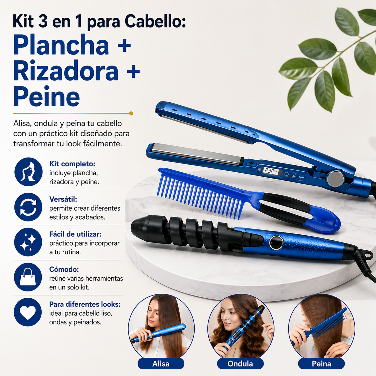 Kit 3 en 1 para Cabello: Plancha + Rizadora + Peine