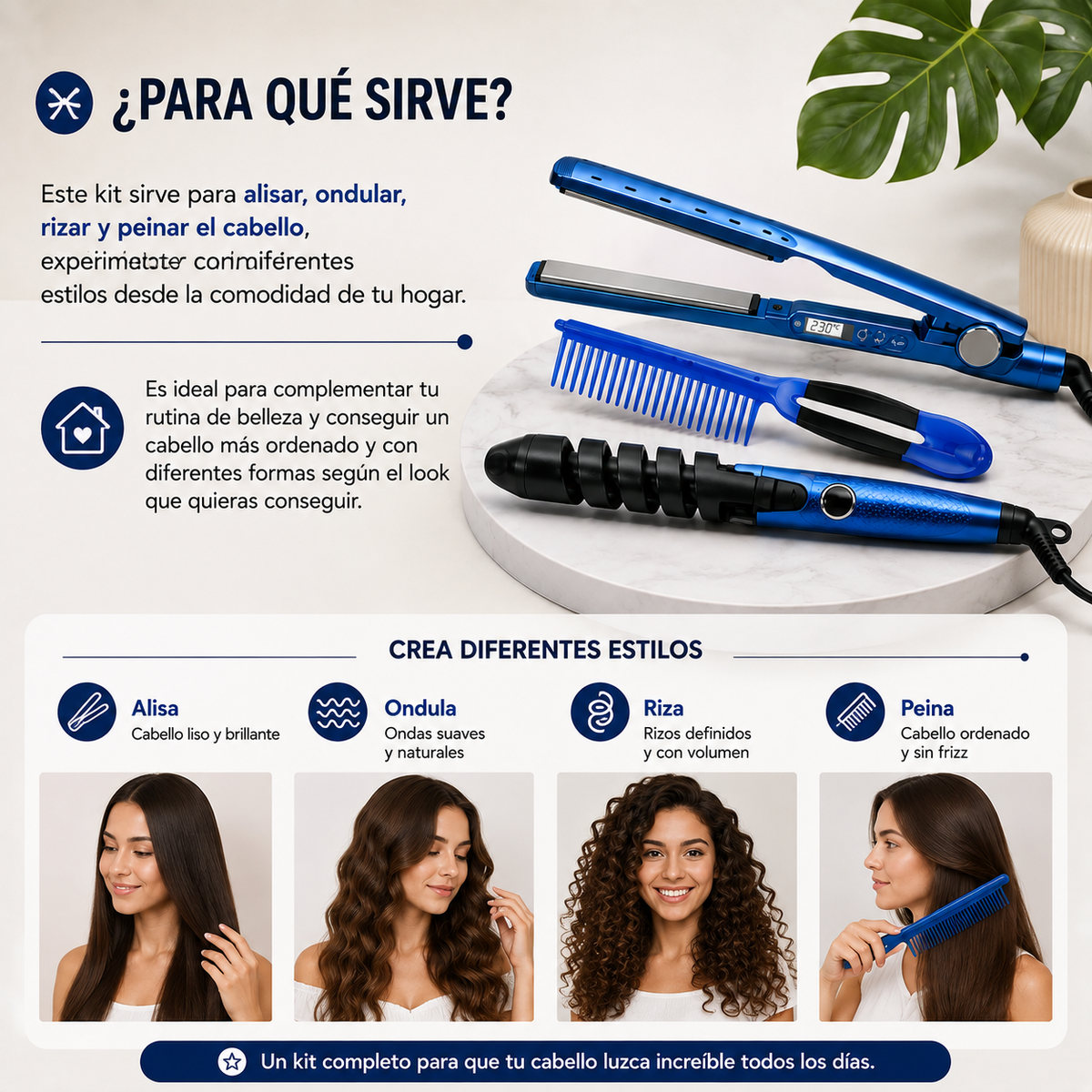 Kit 3 en 1 para Cabello: Plancha + Rizadora + Peine