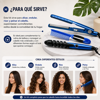 Kit 3 en 1 para Cabello: Plancha + Rizadora + Peine