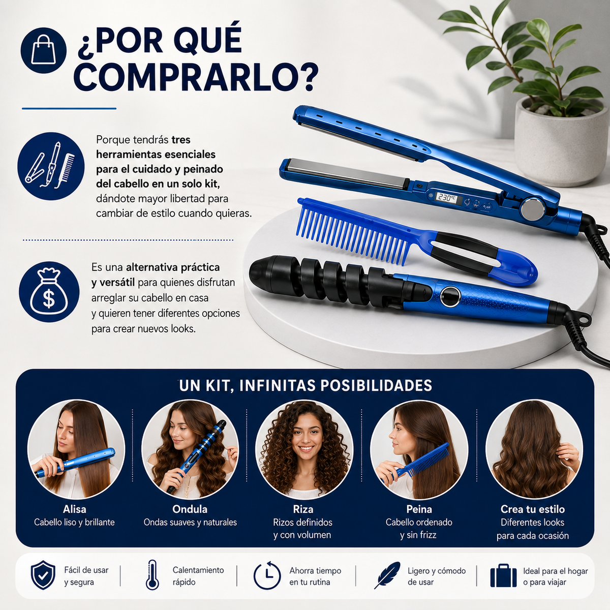 Kit 3 en 1 para Cabello: Plancha + Rizadora + Peine