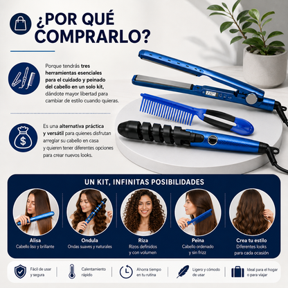 Kit 3 en 1 para Cabello: Plancha + Rizadora + Peine