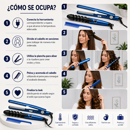 Kit 3 en 1 para Cabello: Plancha + Rizadora + Peine