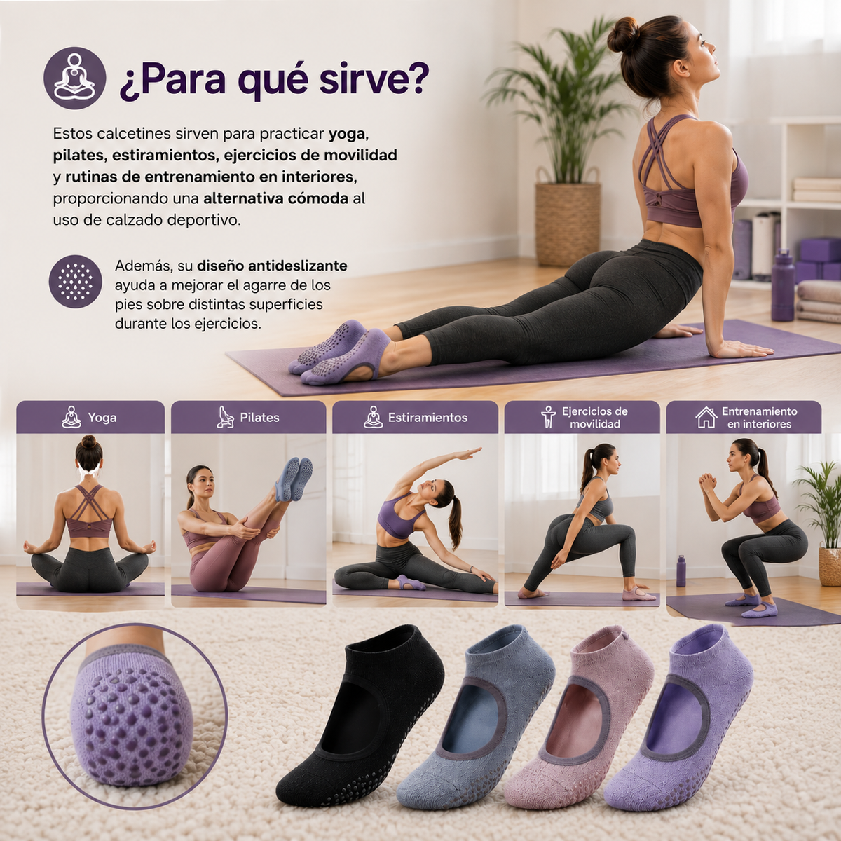 Pack de 4 Calcetines de Yoga Halter Antideslizantes
