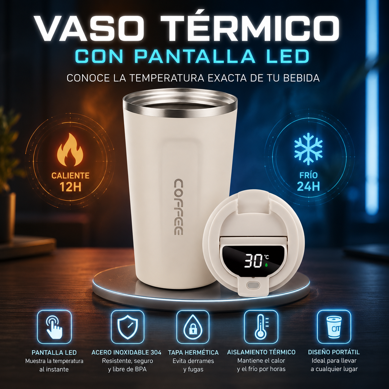 VASO TÉRMICO CON PANTALLA LED