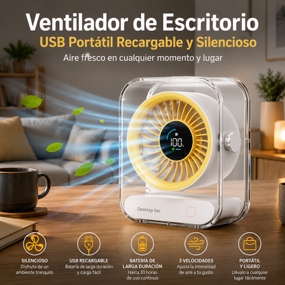 Ventilador de Escritorio USB Portátil Recargable y Silencioso