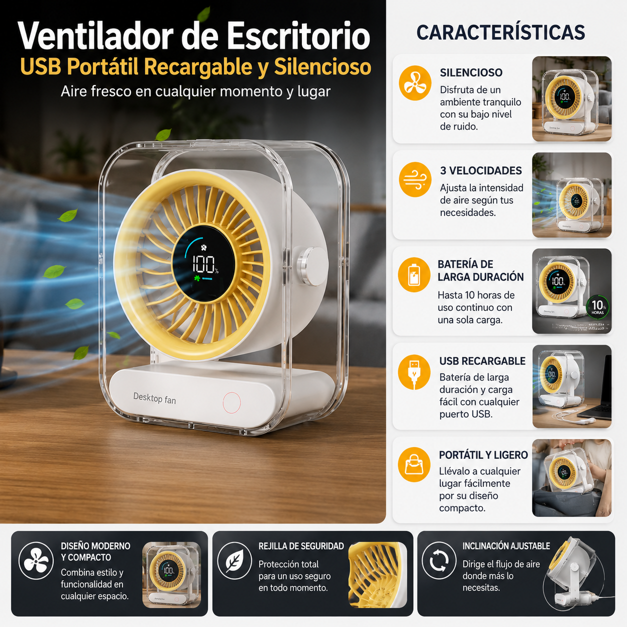 Ventilador de Escritorio USB Portátil Recargable y Silencioso
