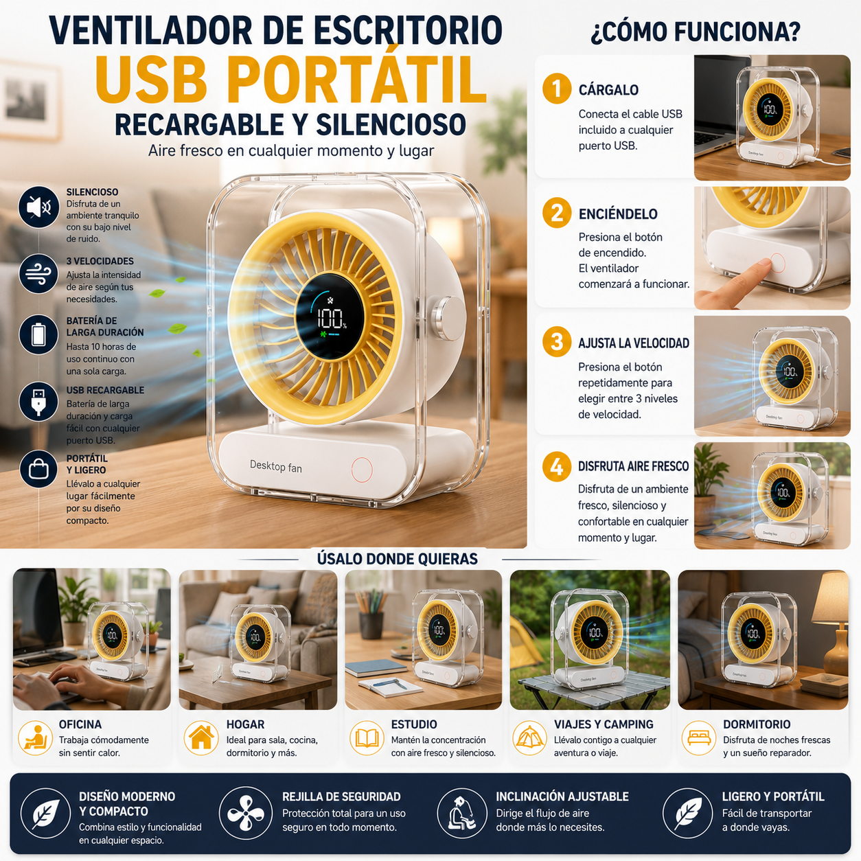 Ventilador de Escritorio USB Portátil Recargable y Silencioso