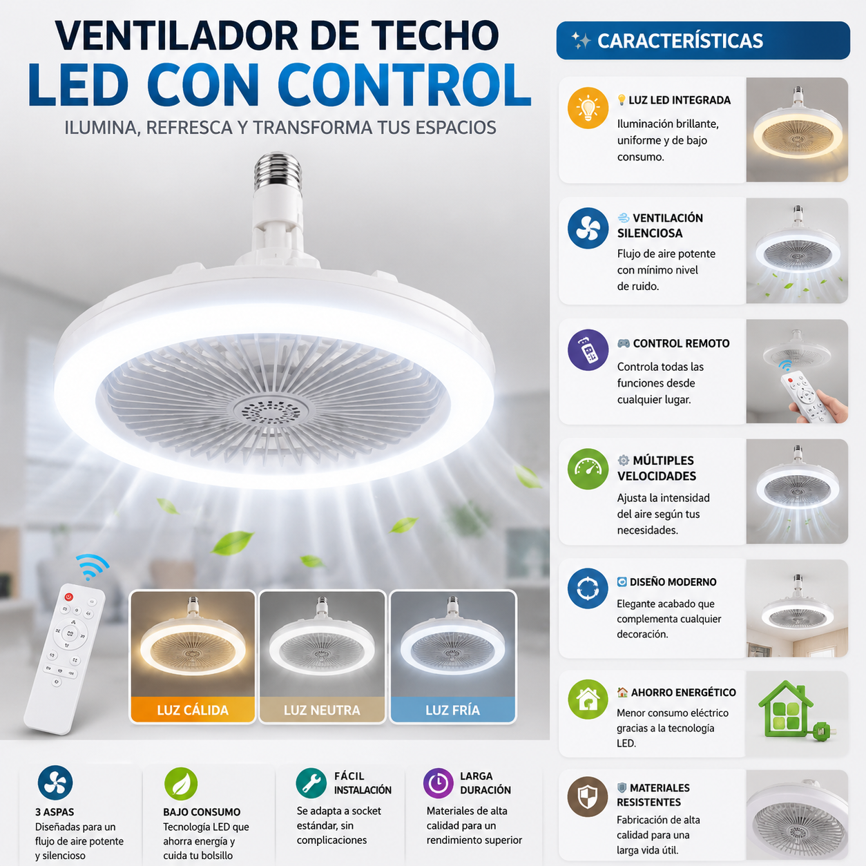 Ventilador De Techo Y Luz Led Con Contro