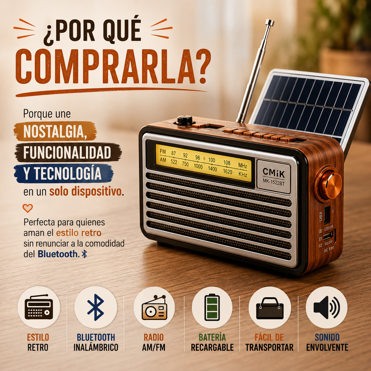 RADIO PORTATIL RETRO AM/FM BLUETOOTH