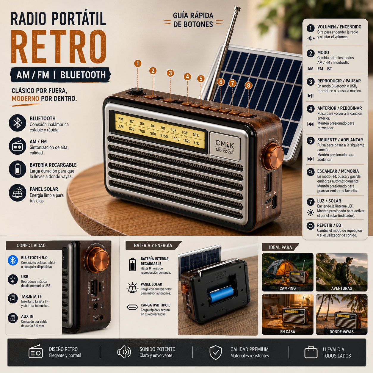 RADIO PORTATIL RETRO AM/FM BLUETOOTH