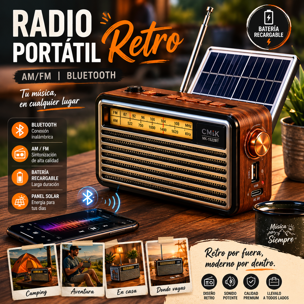 RADIO PORTATIL RETRO AM/FM BLUETOOTH