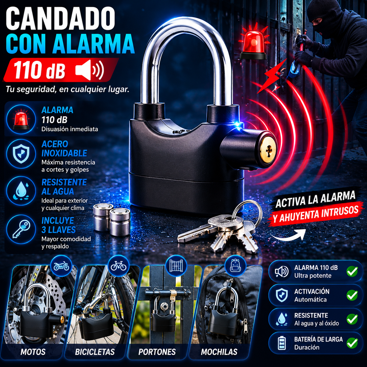 Candado con Alarma 110 dB, Acero Inoxidable,  Moto, Bicicleta, Scooters