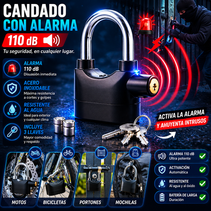 Candado con Alarma 110 dB, Acero Inoxidable,  Moto, Bicicleta, Scooters