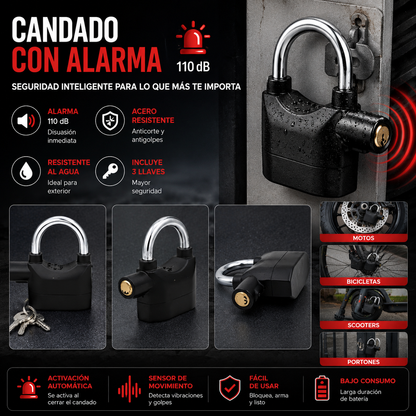 Candado con Alarma 110 dB, Acero Inoxidable,  Moto, Bicicleta, Scooters