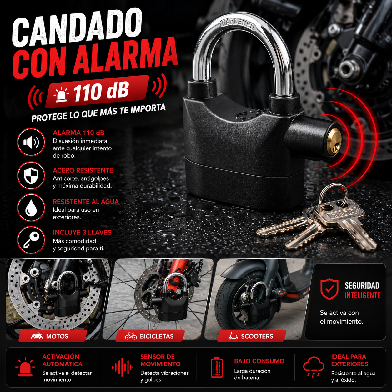 Candado con Alarma 110 dB, Acero Inoxidable,  Moto, Bicicleta, Scooters