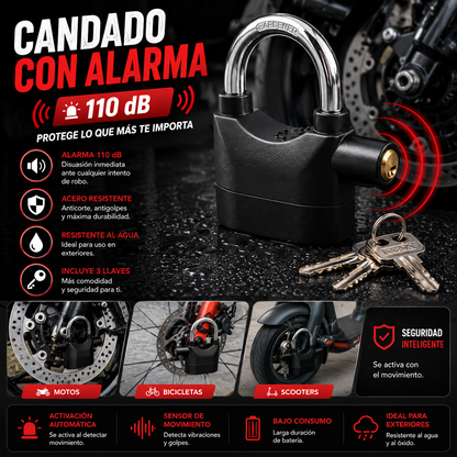 Candado con Alarma 110 dB, Acero Inoxidable,  Moto, Bicicleta, Scooters