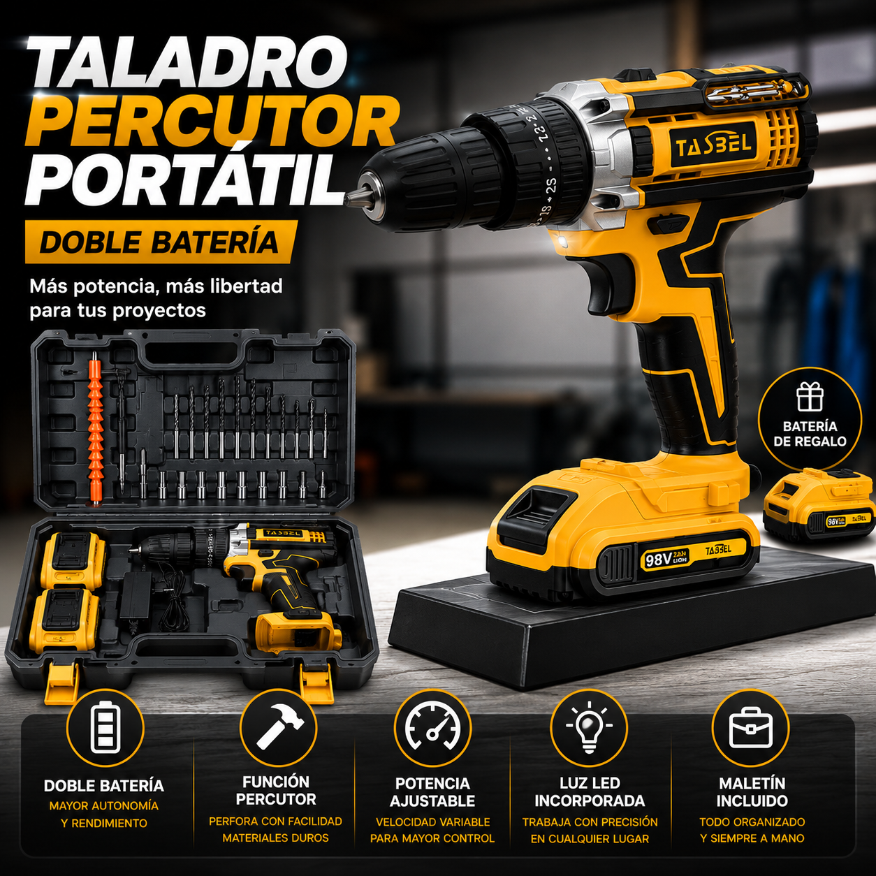 TALADRO PERCUTOR PORTÁTIL DOBLE BATERÍA