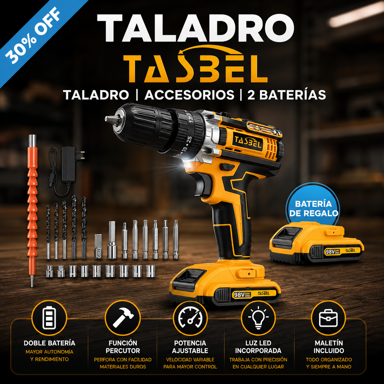 TALADRO PERCUTOR PORTÁTIL DOBLE BATERÍA