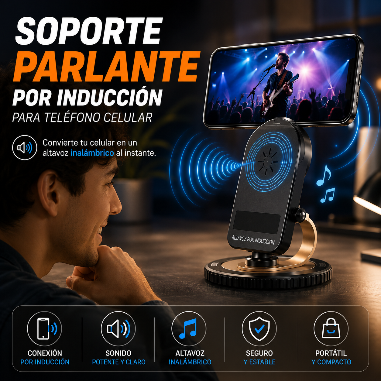 SOPORTE PARLANTE POR INDUCCIÓN PARA TELEFONO CELULAR