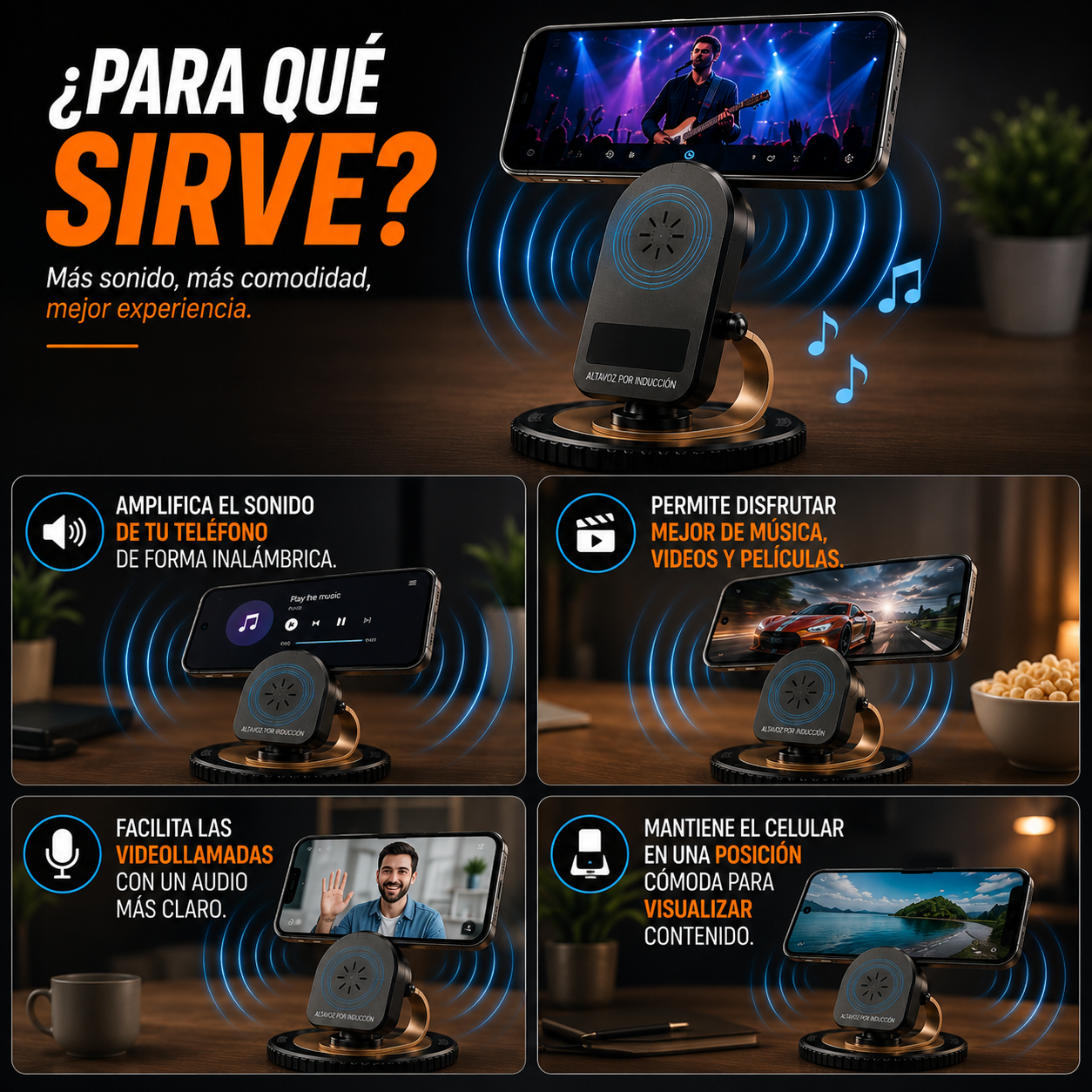 SOPORTE PARLANTE POR INDUCCIÓN PARA TELEFONO CELULAR