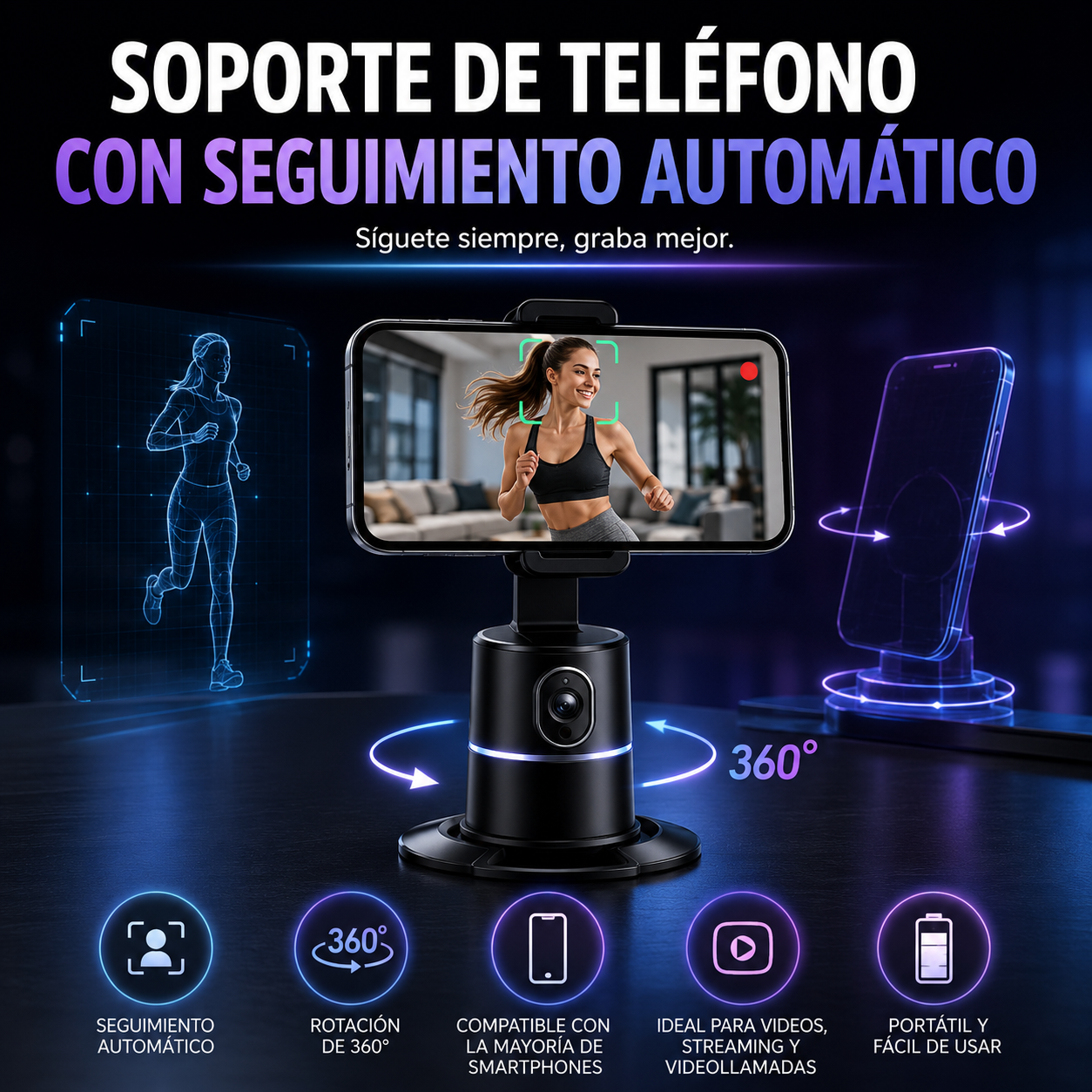 Soporte de teléfono de seguimiento automático, rotación de 360 °