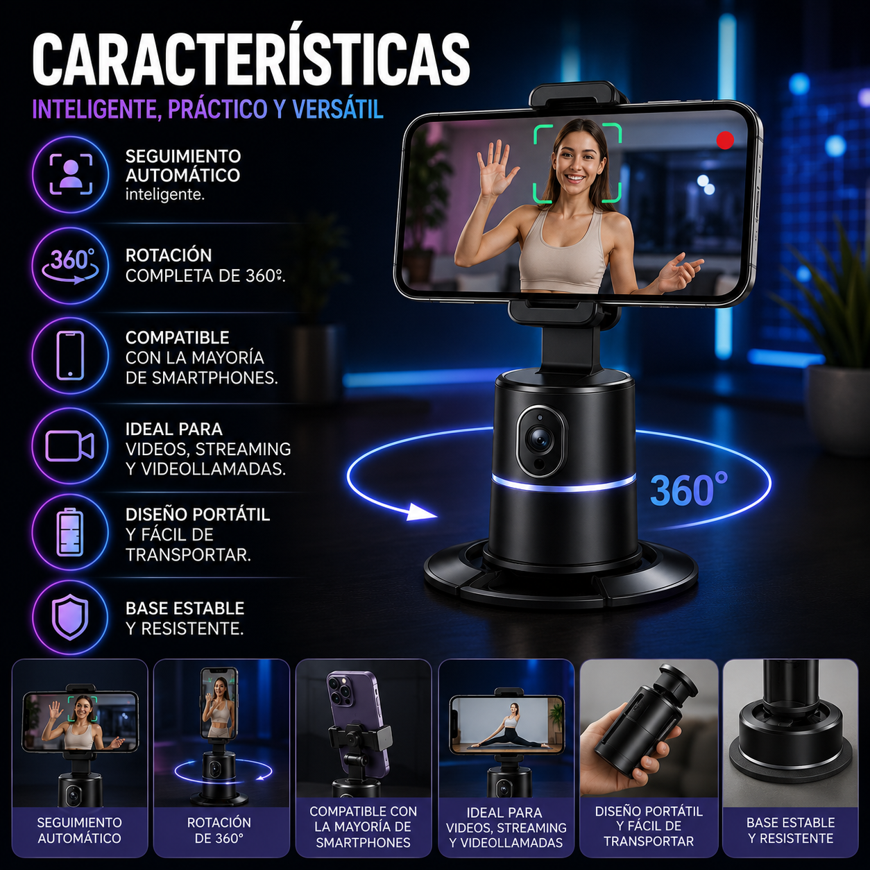 Soporte de teléfono de seguimiento automático, rotación de 360 °